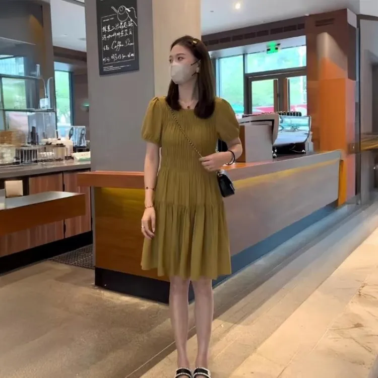 恒源祥彩羊法式赫本风泡泡袖雪纺连衣裙2025新款女夏季褶皱收腰显