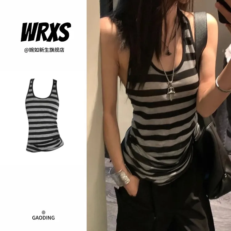 【婉如新生】夏季条纹辣妹吊带背心女挂脖设计外穿美背修身无袖上衣