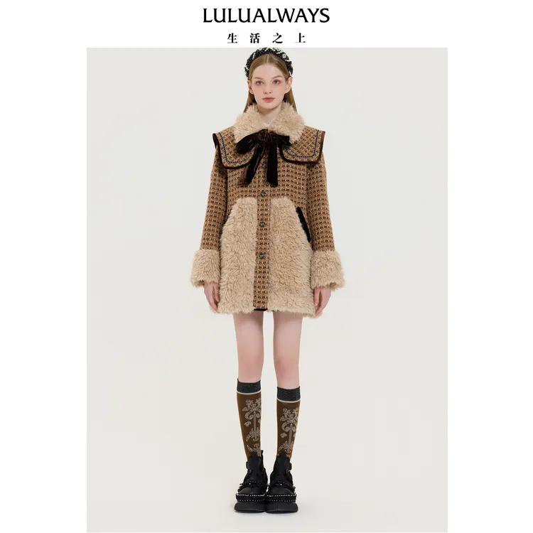 LULUALWAYS我爱露露25冬季新款甜美气质拼接毛绒蝴蝶结大衣长外套