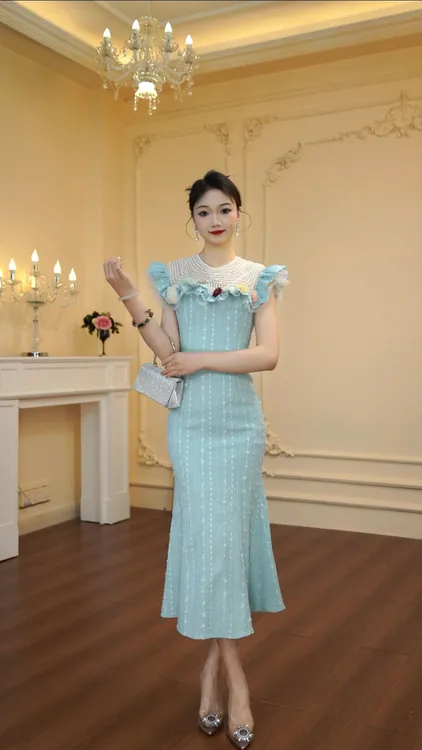 荡领中长裙短袖连衣裙日常夏季气质飞飞袖提花中式绿色圆领50935