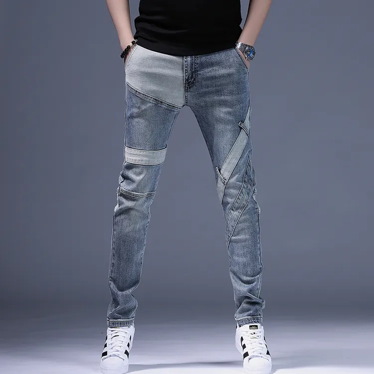 Cebrodz冬季高端男牛仔裤新款男士修身弹力个性拼接潮流休闲长裤