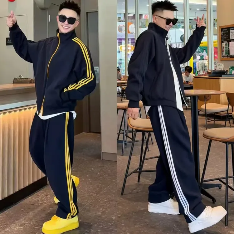 【语乐服饰】秋季新款美式撞色三条杠运动卫衣套装休闲立领外套裤子