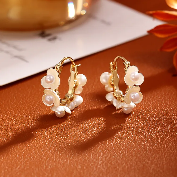 铜合金玻璃戒指 高级感珍珠花朵耳环时尚气质精致百搭耳扣优雅文