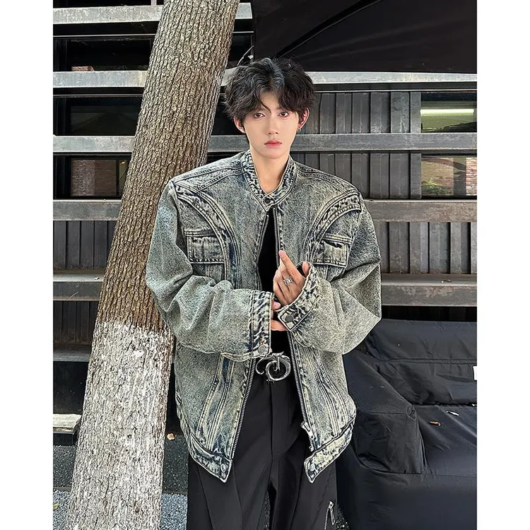 男装新款潮流小众解构设计感立领垫肩牛仔外套男廓形拉链秋季潮