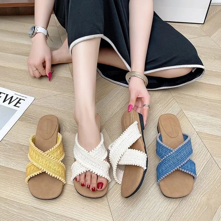 中跟(3-5cm)平底防滑夏季一字拖沙滩鞋外穿编织