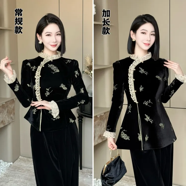 格娜秋冬新款高级感显贵两件套国风花边设计师款上档次显瘦女套装