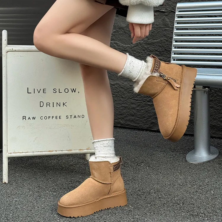 锡林高乐专属雪地靴保暖冬季民族风加绒韩版平底时尚雪地靴侧拉链