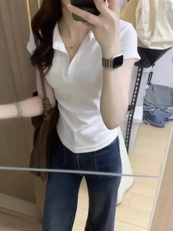 短袖白色韩版修身polo衫上衣纯欲慵懒风女装纯色网红短款时尚休闲