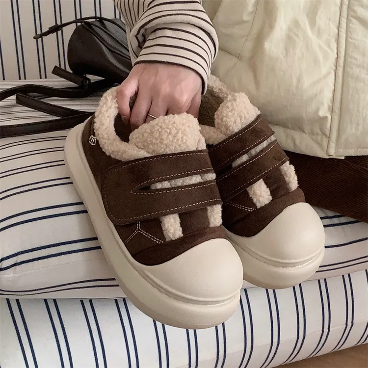 细细条 冬季厚底防滑毛毛鞋学生外穿加绒保暖时尚魔术贴女士棉鞋