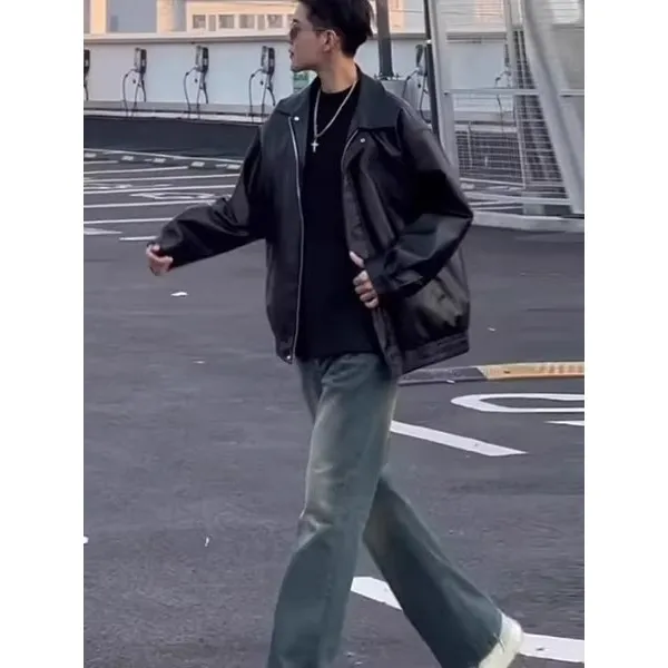 美式机车皮衣外套男士秋季痞帅PU夹克美拉德高级感搭配牛仔裤套装