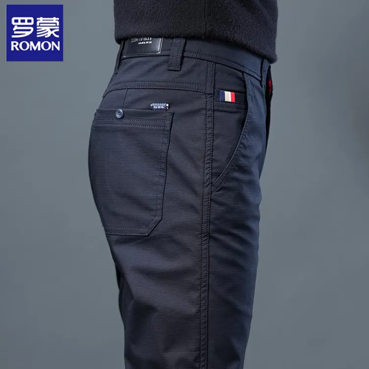 罗蒙高端纯棉休闲裤男秋冬季直筒修身黑色通勤西装裤百搭潮流长裤