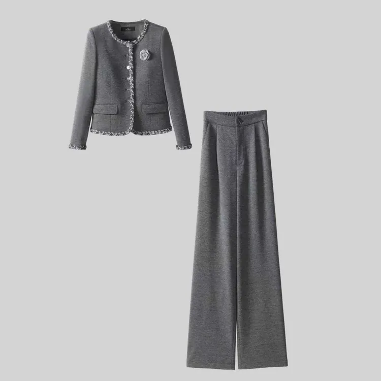 〈纪朵研〉1592时尚花边短款秋季复古套装