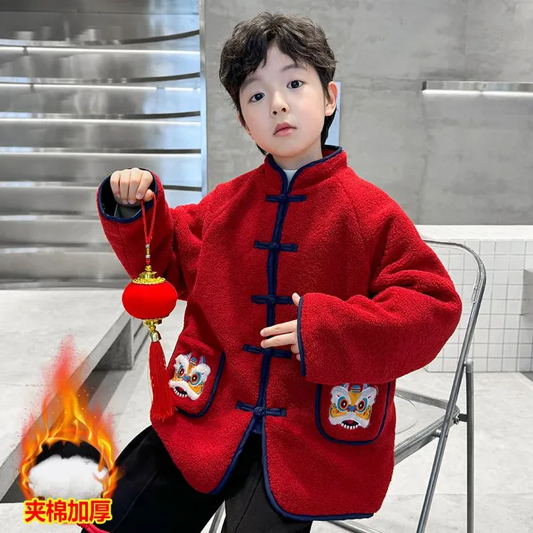 男童唐装汉服儿童2025新款外套红色加厚加绒国风本命新年拜年服潮