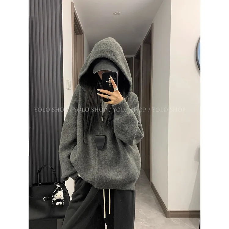 VUMP【自留实穿派】韩系慵懒风宽松显瘦连帽拉链毛衣外套女松弛秋冬