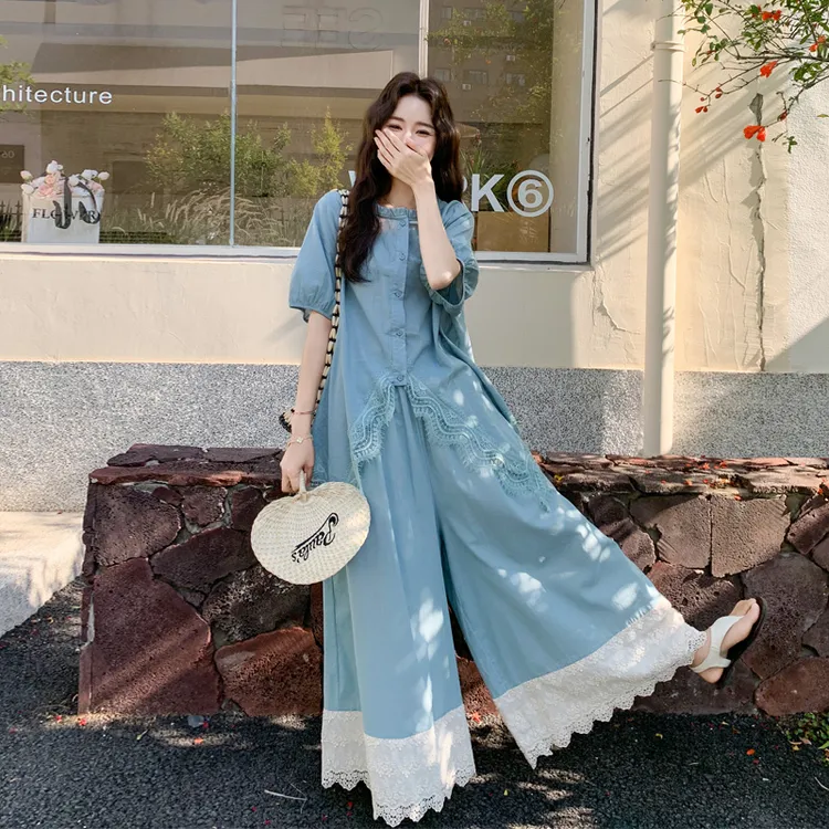 不规则蕾丝绣花上衣阔腿裙裤女2025夏季新款优雅气质松弛感两件套