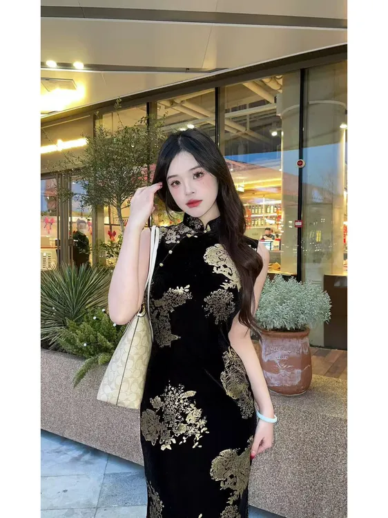 墨卿｜如愿复古国风新中式禅意黑底金色贵气修身改良旗袍连衣裙