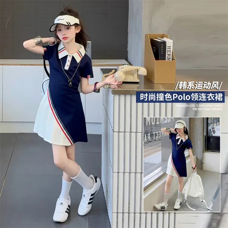 女大童百褶连衣裙夏季2025新款夏装韩系女孩polo裙儿童无袖裙子薄