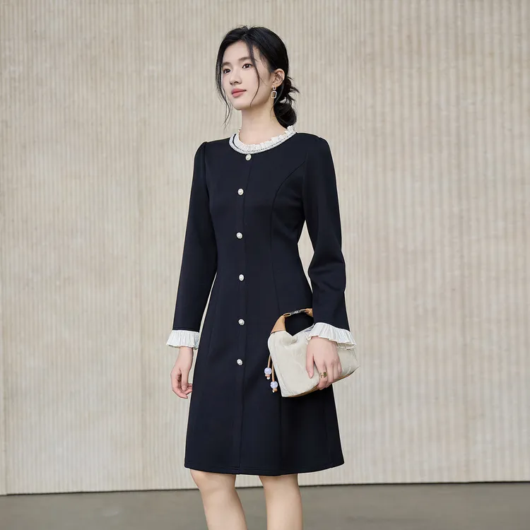 奢姿大码女装2025秋季时尚花边装饰圆领连衣裙胖妹妹气质优雅裙子