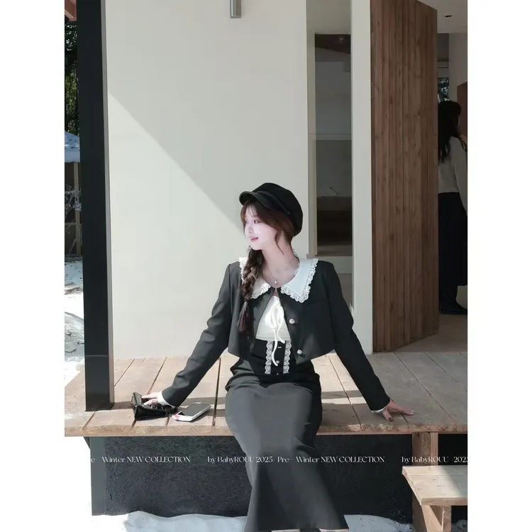 【半甜典藏】温与柔时髦小香风精致百搭蕾丝拼接设计感西装套装