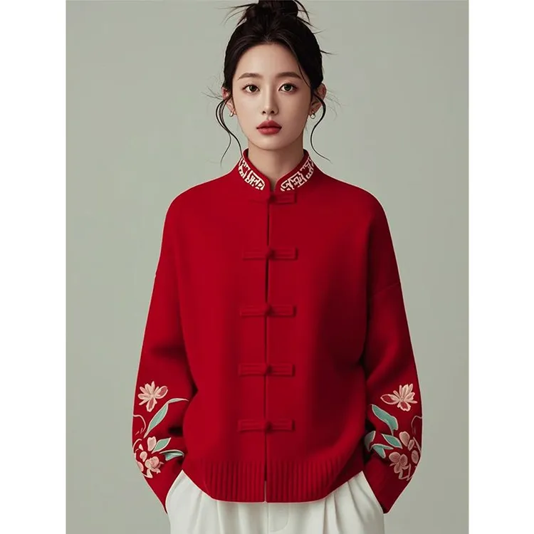 新中式国风红色本命年针织衫女春秋季2025新款新年战袍慵懒风毛衣