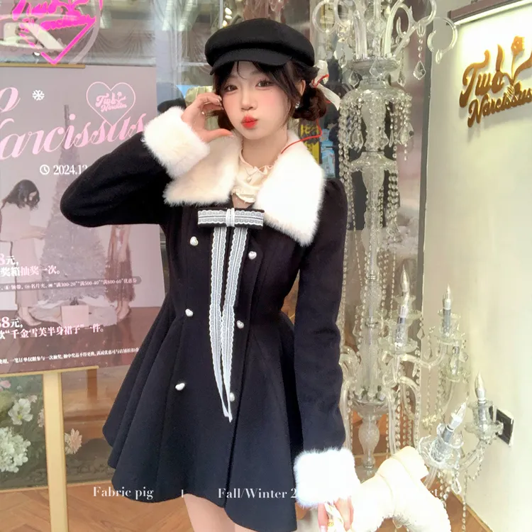 雪松奶酪黑色 织物猪原创 冬季新款新年战袍跨年穿搭显瘦呢子外套