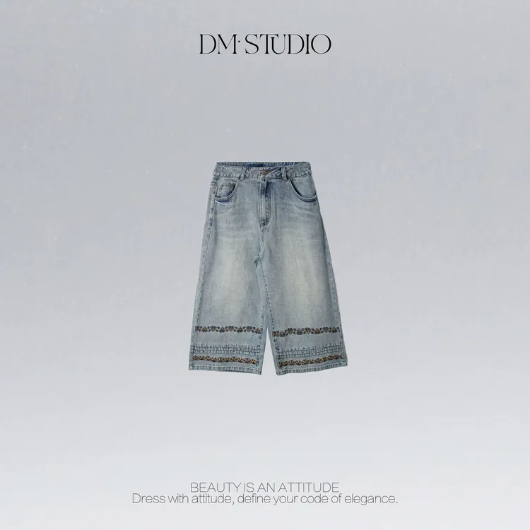 DEDM•STUDIO/气质小众刺绣做旧水洗宽松阔腿牛仔裤2505KZ/23237