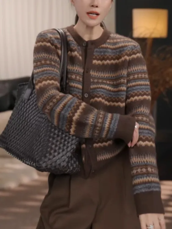 2025新款时尚撞色条纹长袖针织开衫外套同色休闲裤两件套装