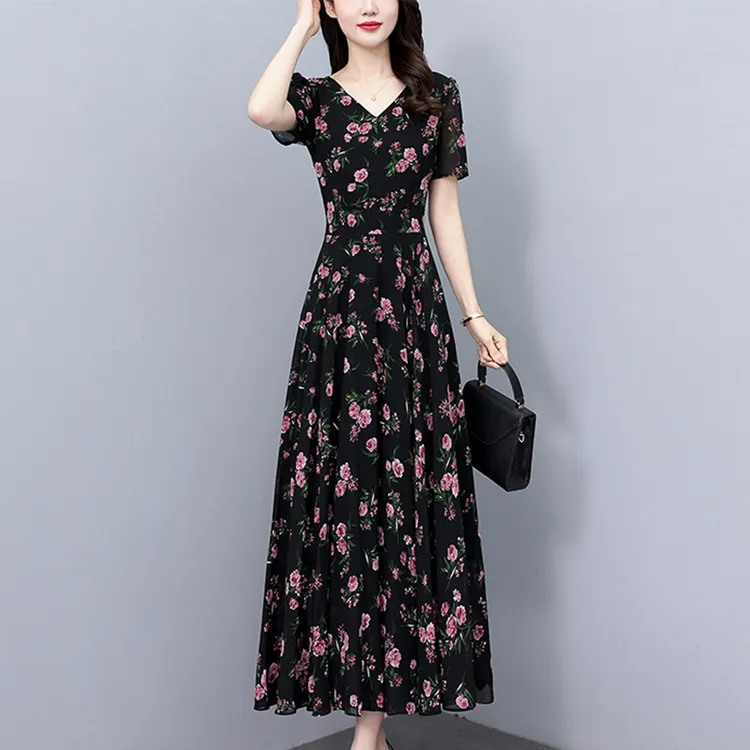 2025夏季新款雪纺碎花连衣裙大码胖mm收腰显瘦遮肚长裙