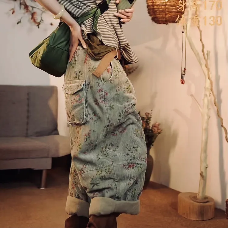 复古做旧条绒慵懒清新风小花棉裤 大约长86-88不含腰带