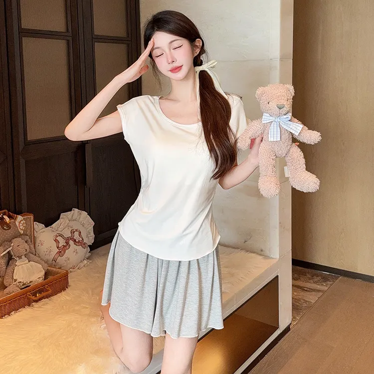 300#女款莫代尔带胸垫短袖短裤纯色睡衣家居服套装