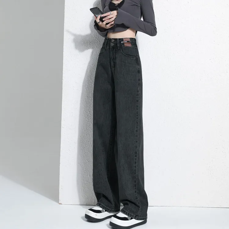 黑灰色阔腿牛仔裤女双排扣高腰宽松显瘦窄版直筒垂感拖地长裤百搭