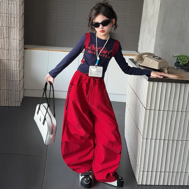 女童春秋款拉条休闲裤套装嘻哈风2025欧美风洋气时尚运动阔腿街舞