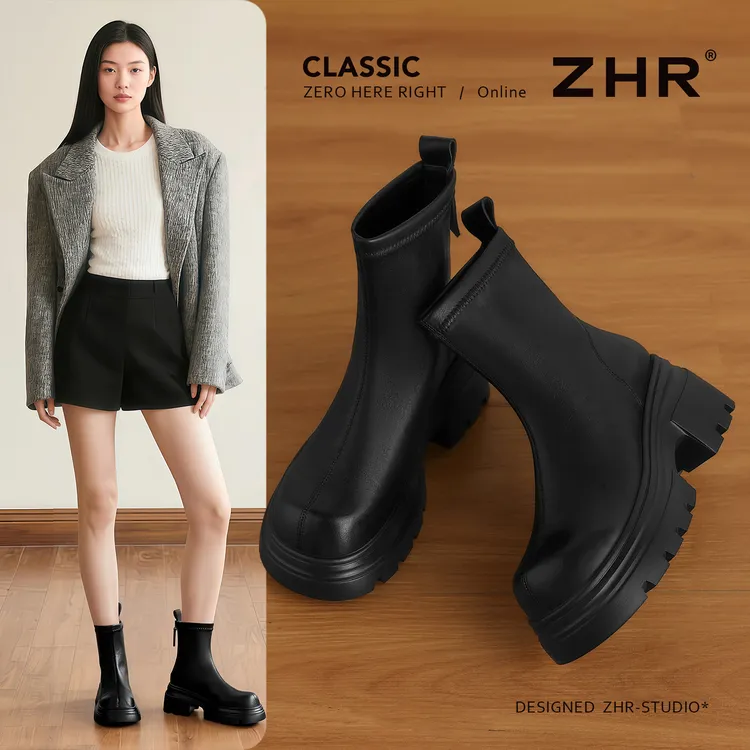 ZHR/则则厚底短靴2025年秋冬新款时装靴百搭马丁靴瘦瘦靴增高靴子