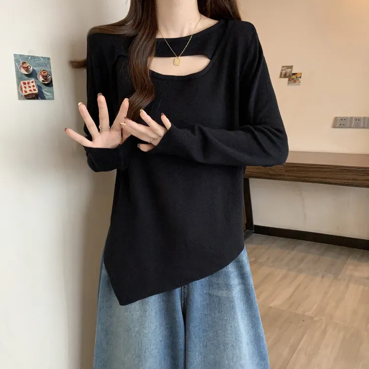 大码宽松镂空不规则镂空针织衫女秋季胖mm显瘦遮肚子长袖内搭毛衣