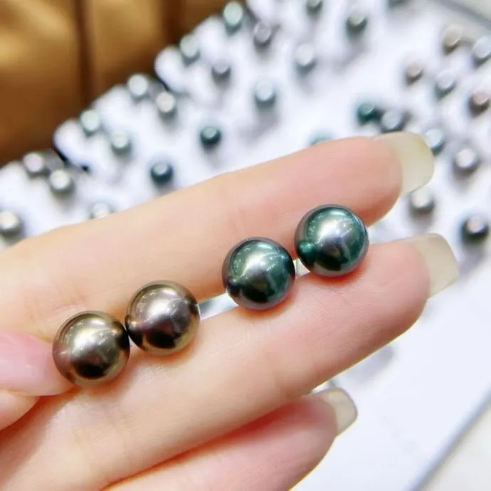 9-10m天然海水大溪地耳钉！S925银镶嵌