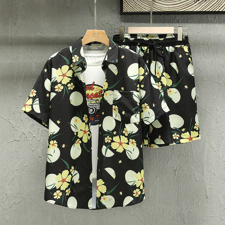花花公子花衬衫短裤套装男夏威夷沙滩短袖衬衣新款夏装潮百搭外套