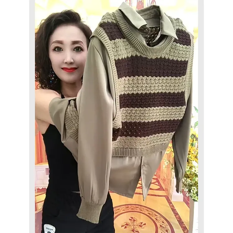 2025流行穿搭一整套小香风条纹针织马甲叠穿衬衫chic高级感套装秋