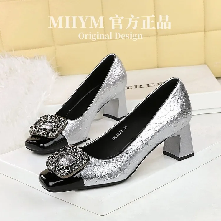 5299-K83欧美风时尚宴会粗跟女鞋拼色方头浅口闪耀金属扣高跟单鞋