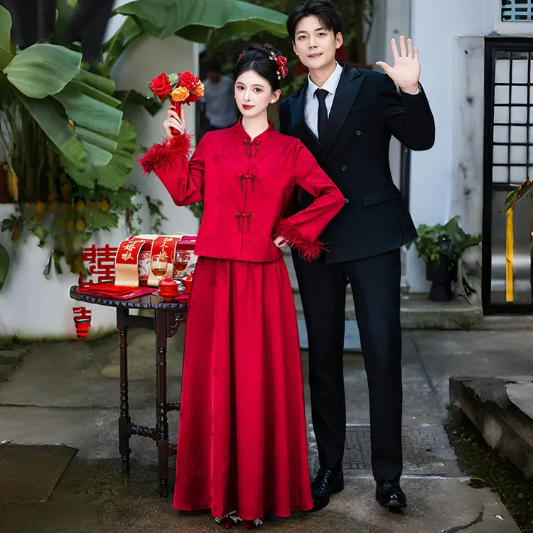 新中式国风喜庆回门唐装婚庆重工红色订婚礼服新娘敬酒服秋冬套装