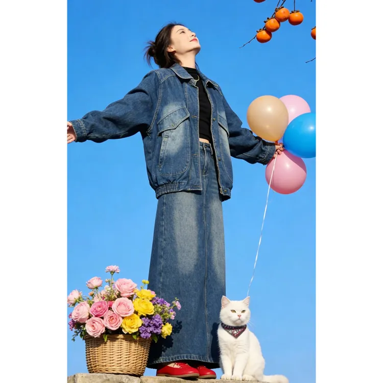 【韩牛套装】秋冬新款韩系复古加绒牛仔外套+开衩显瘦半身裙两件套