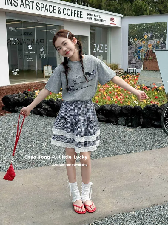 薄款格子蝴蝶结半身裙百褶套装女童夏季韩版