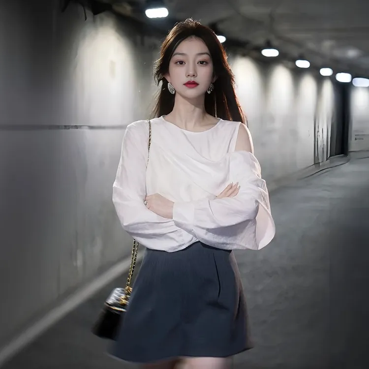 设计感露肩荷叶边长袖衬衫女早秋新款韩系高级感气质绝美别致上衣