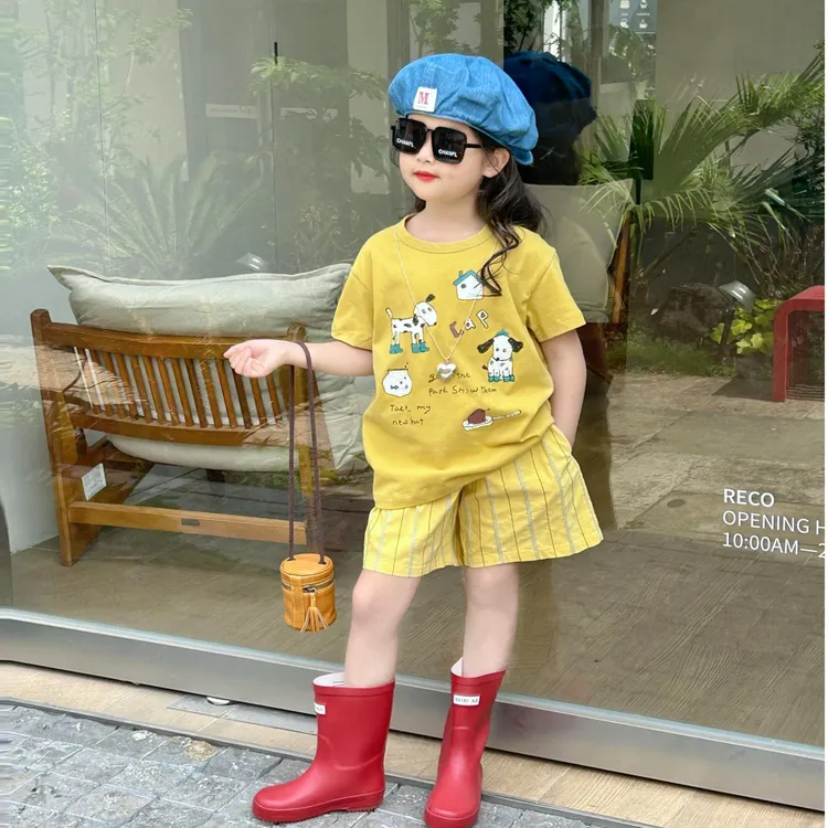 小惜亦女童2025夏季新款韩版黄色卡通短袖条纹短裤可爱休闲套装