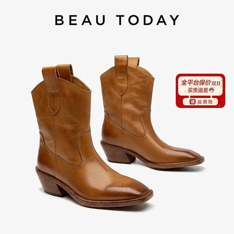 BeauToday【商场同款】复古西部牛仔靴女真皮骑士靴女粗跟棕色短靴