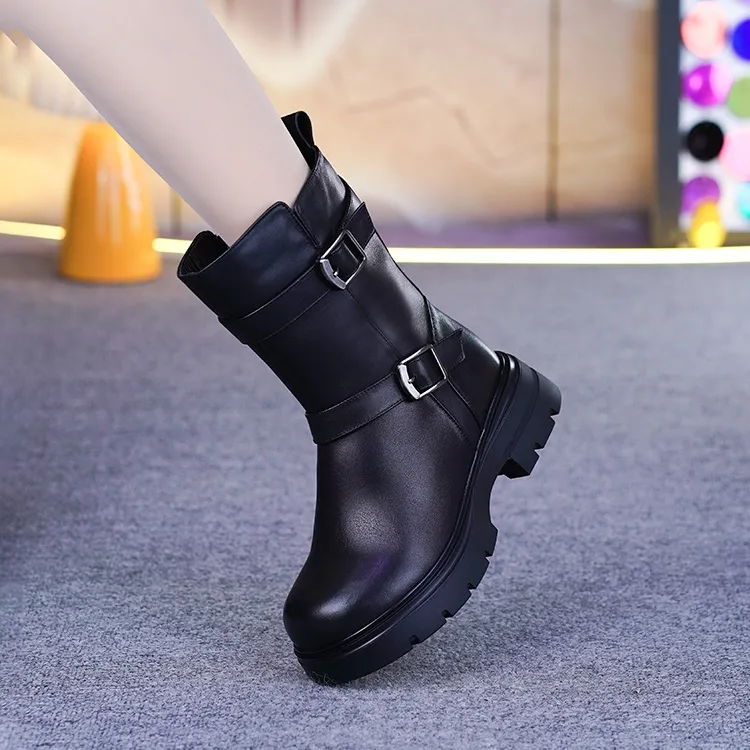 3026真皮加绒马丁靴女冬季新款头层牛皮厚底英伦风皮带扣中筒短靴