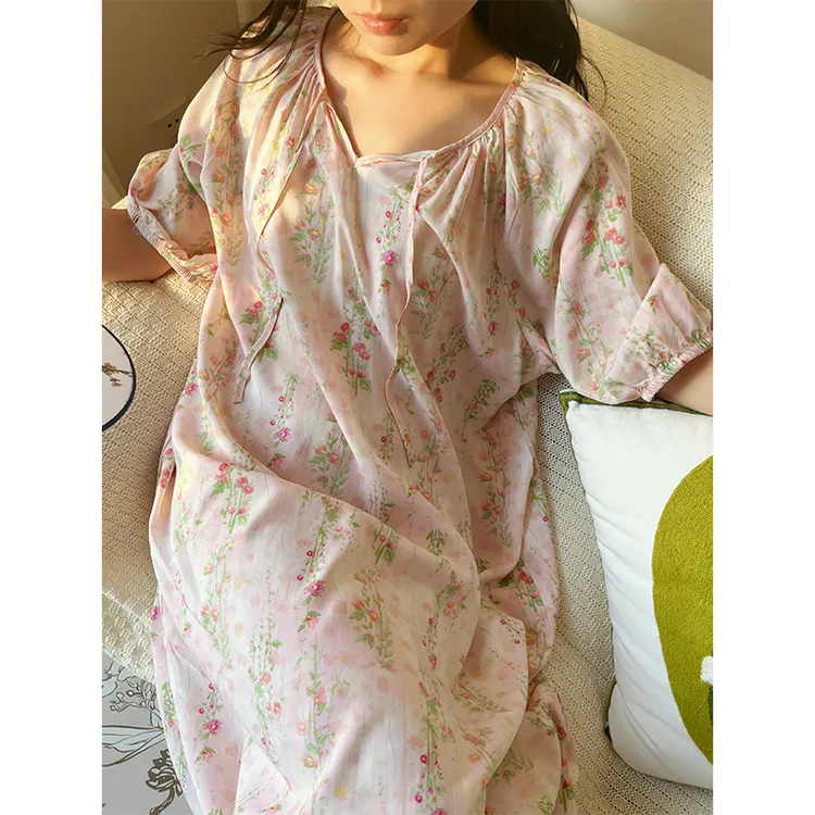 宽松板慵懒风半袖夏季绵绸睡裙棉绸短袖睡裙可爱日系风