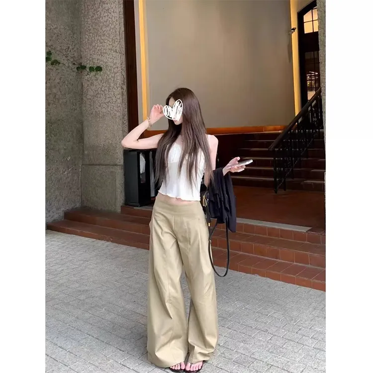 2025夏季新款设计感慵懒风直筒卡其色长裤女宽松百搭阔腿休闲裤子