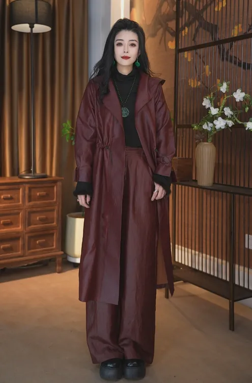 100桑蚕丝红云纱连帽风衣新中式气质宽松休闲桑蚕丝女士外套948