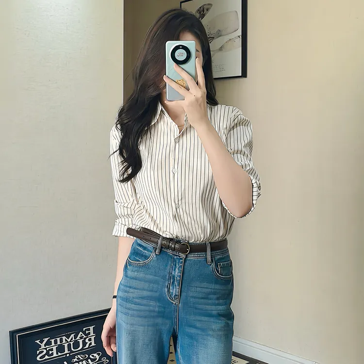 老钱风松弛感女装条纹透气女衬衫千金清冷感贵系衣服衬衣女款外穿
