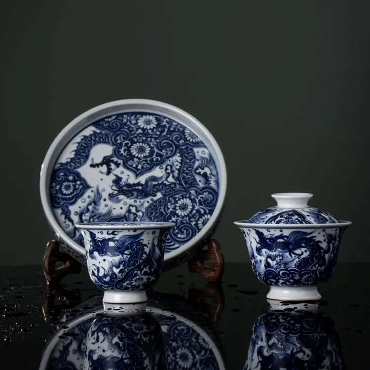 临风听雨 景德镇仿元青花窗花龙小高足盖碗套装纯手工复古全手工